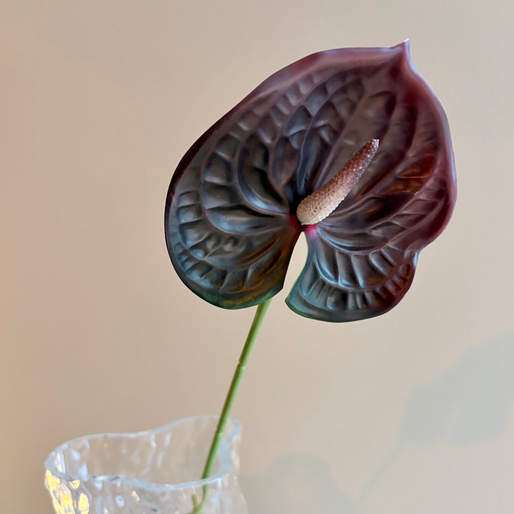 Konstgjord anthurium i vinröd nyans, närbild